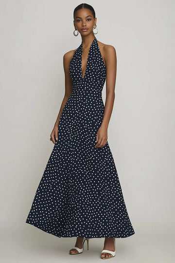 Black White Halter A Line Long Polka Dots Dress
